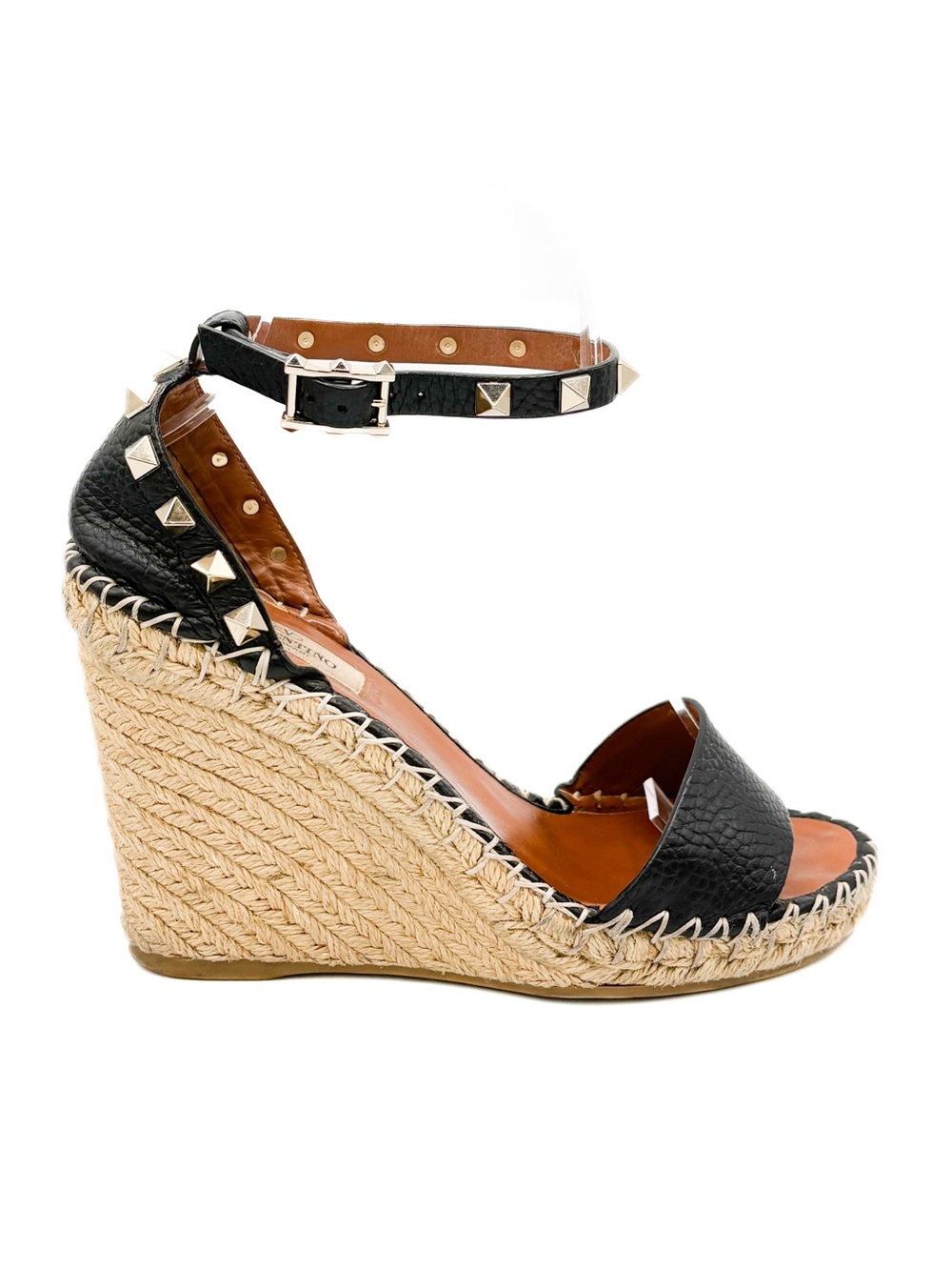 Valentino Garavani Rockstud 105 Leather Espadrille Wedge Sandals Black EU 36